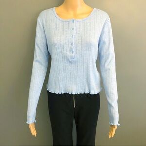 SUZY Pastel Blue Casual Relaxed Fit Button Down Long  Sleeves Knits T Shirt Tee